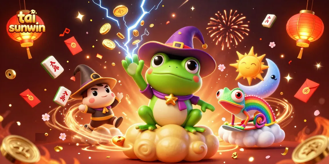 Play to win with tải sunwin, featuring a wizard frog and chameleon amidst festive coins and gaming symbols.