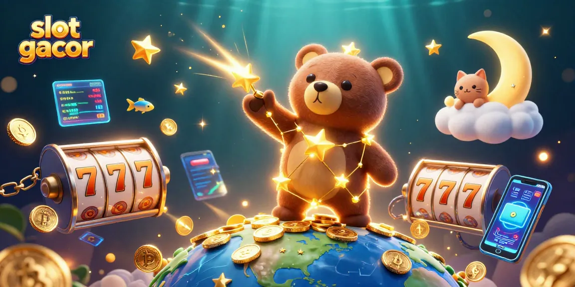 Engage with slot gacor's dynamic scene featuring starry characters and glowing cryptocurrencies.