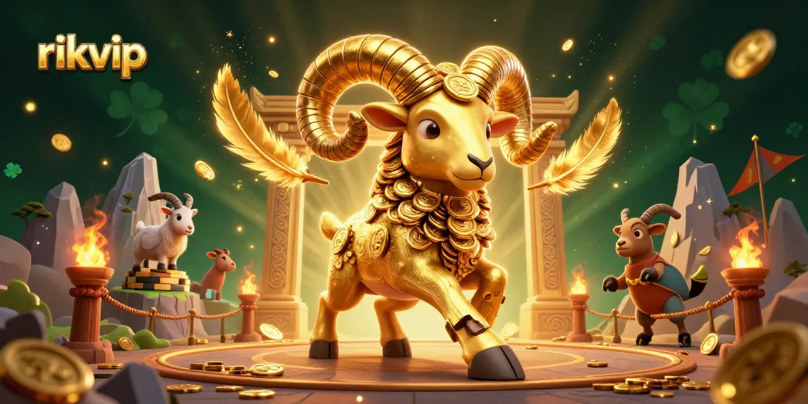 Win big with rikvip in a dynamic gambling showdown, featuring a golden ram amidst scattered coins and excitement.