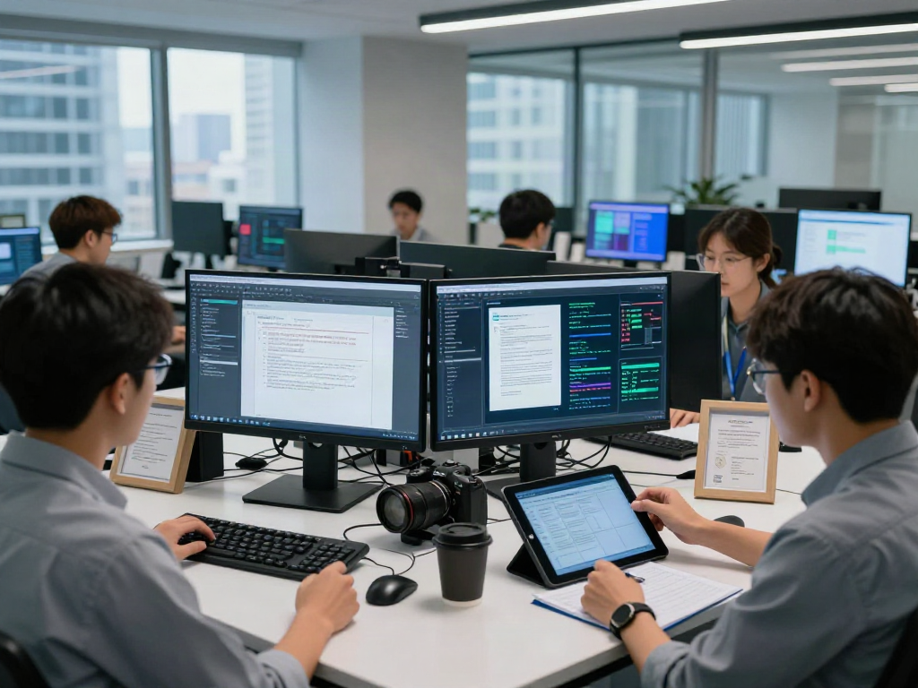 Document fraud detection technology in a cybersecurity lab with analysts reviewing suspicious PDFs and data analytics.