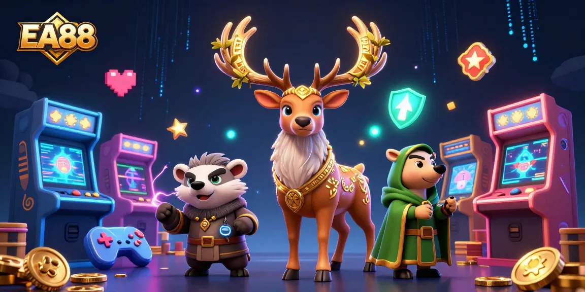 Experience EA88 with a vibrant casino scene featuring magical creatures amid gaming excitement.