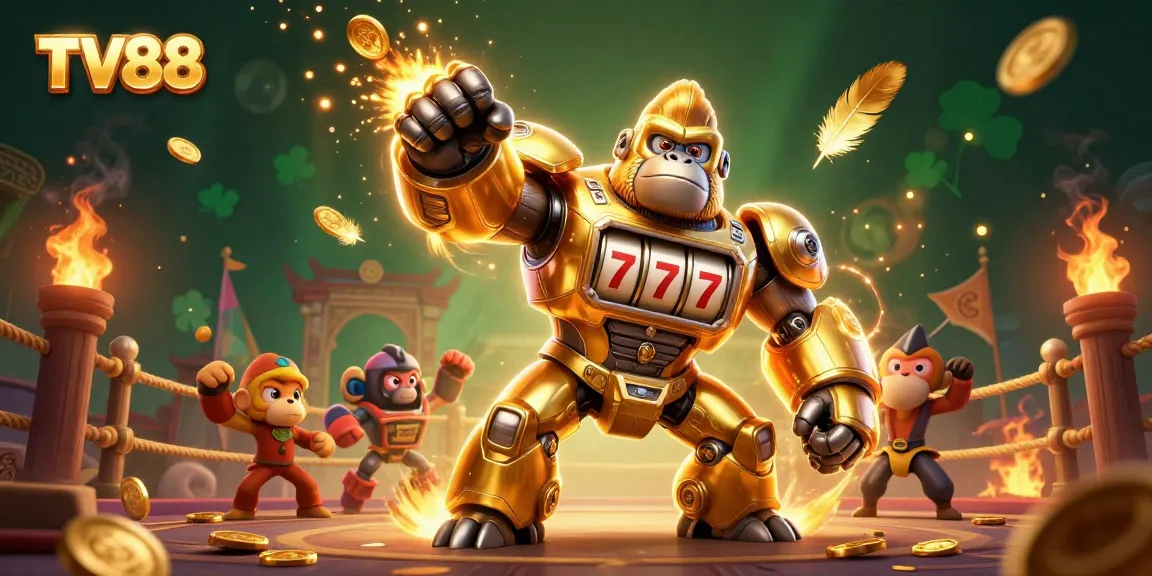 Experience thrilling slots at TV88 with dynamic golden gorilla mech and explosive coins in action.