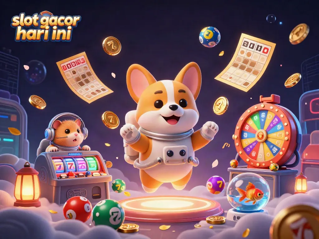 Tampilkan slot gacor hari ini dalam ilustrasi kasino luar angkasa dengan karakter kartu dan koin mengapung.