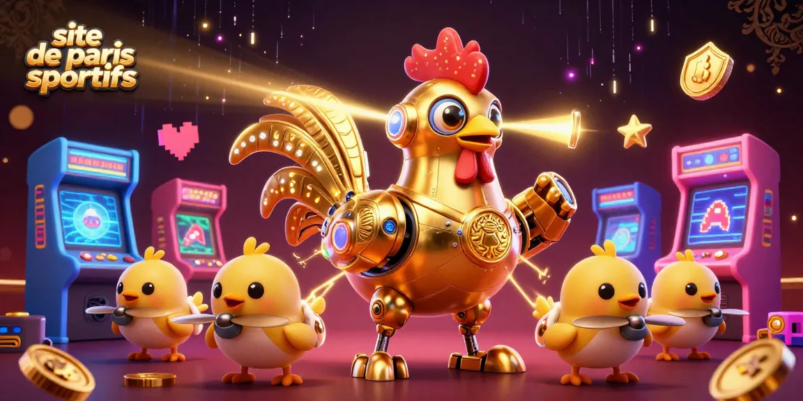 Découvrez le site de paris sportifs avec un robot coq d'or et des drones, entourés d'éléments de jeu colorés.