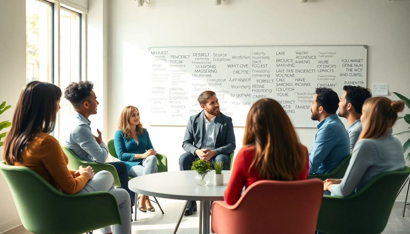 Engaging Career coaching session in a bright office setting, featuring diverse clients and a professional atmosphere.