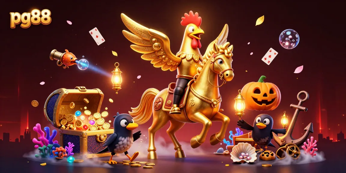 Experience pg88's thrilling casino ambiance with golden rooster and friends in a vibrant midnight setting.
