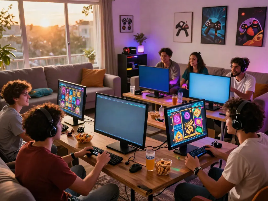 Friends enjoying a cozy evening playing สล็อตเว็บตรง on a vibrant gaming screen.