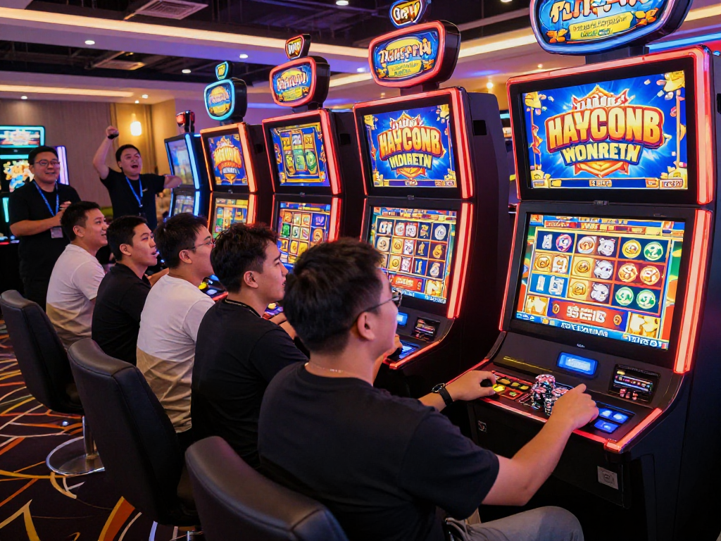 Slot gacor dengan pemain bahagia di mesin kasino, suasana cerah dan bersemangat.