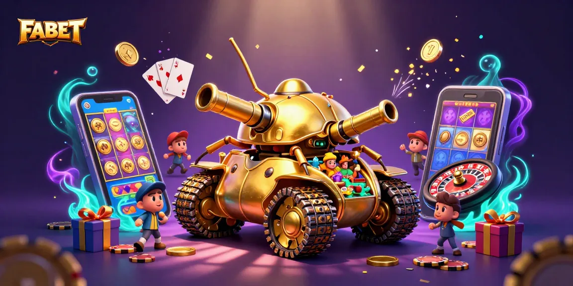 Experience FABET with a dynamic casino scene featuring a golden beetle tank and vibrant gaming elements.