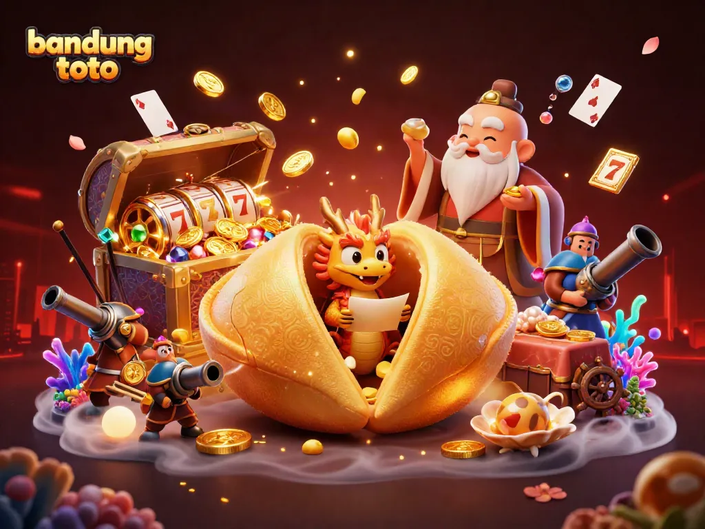 Experience the excitement at Bandung Toto with a lively illustration showcasing winning elements from a vibrant casino.