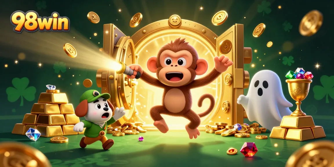 Experience the excitement of 98win as a ghost-hunter puppy tracks a mischievous monkey amidst a vibrant casino scene.