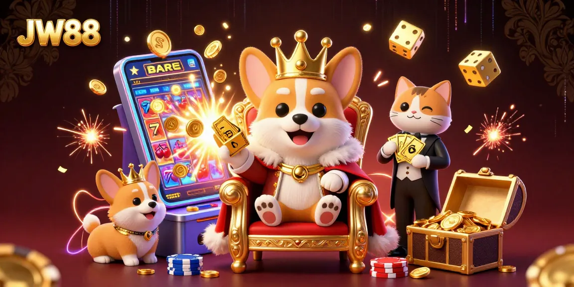 Experience excitement at JW88 with a royal corgi and a bustling casino environment.