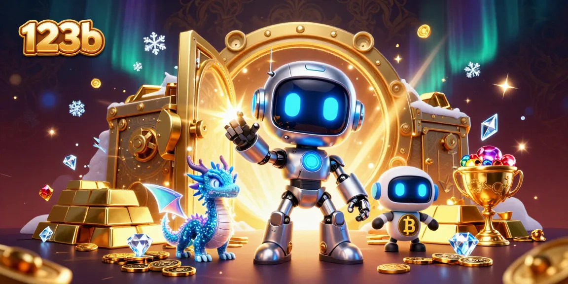 Engage with thrilling cryptocurrency gaming as 123b showcases a vibrant 3D casino scene with robots and treasures.