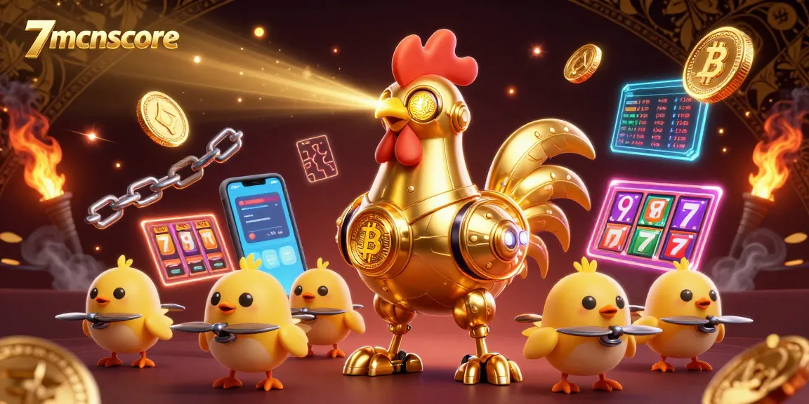 Engage with the vibrant 7mcnscore casino scene featuring animated rooster robot and crypto elements.