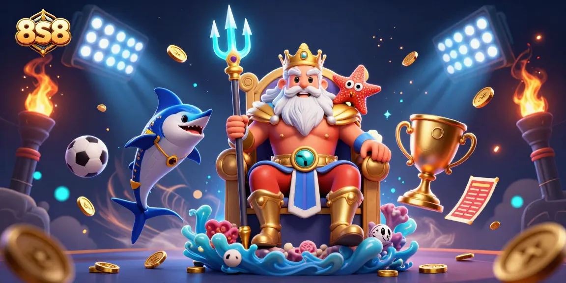 Engage with 8S8 and win exciting rewards in a vibrant casino-themed illustration featuring Neptune.