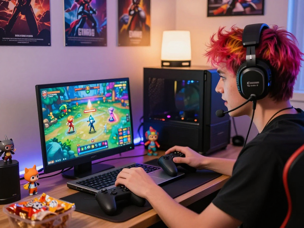 An engaging gaming scene showcasing a sissy porn game player intensely focused on vibrant transformation graphics, surrounded by gaming snacks and toys.