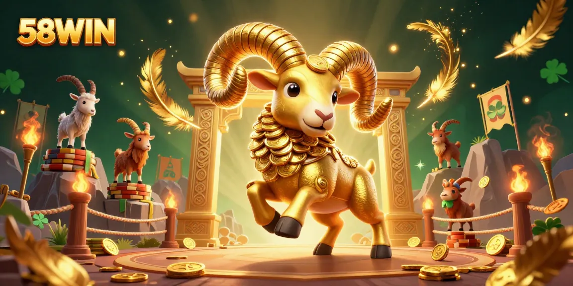 Experience exciting gameplay at 58WIN with a golden ram charging through a vibrant casino scene.