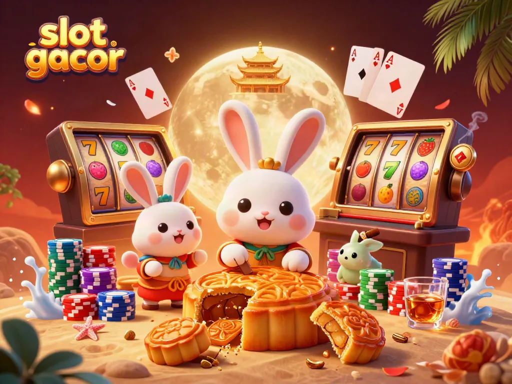 Experience the thrill of slot gacor with a lively lunar scene featuring colorful slot reels and poker elements.
