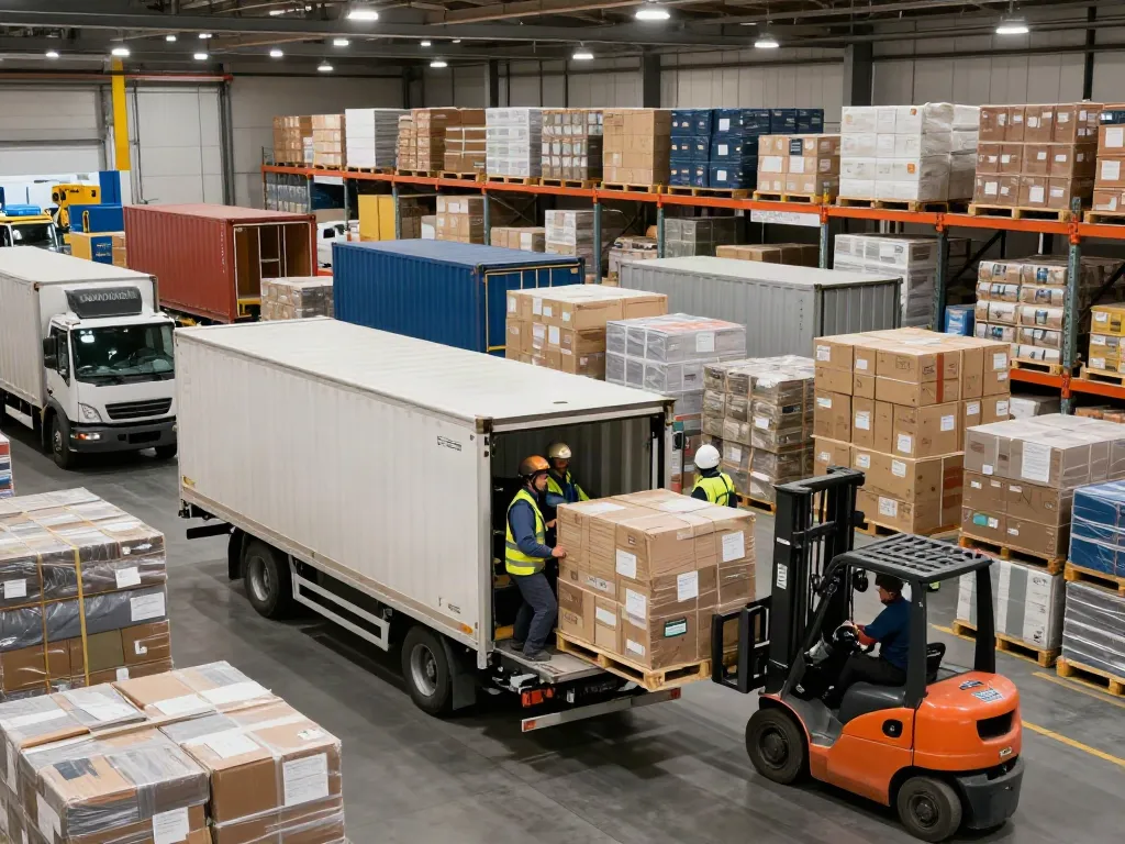 Transportunternehmen Dortmund: Angestellte beladen LKW mit Fracht in einem logistischen Zentrum.