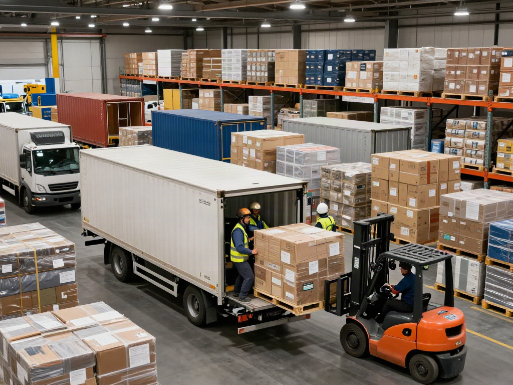 Transportunternehmen Dortmund: Angestellte beladen LKW mit Fracht in einem logistischen Zentrum.