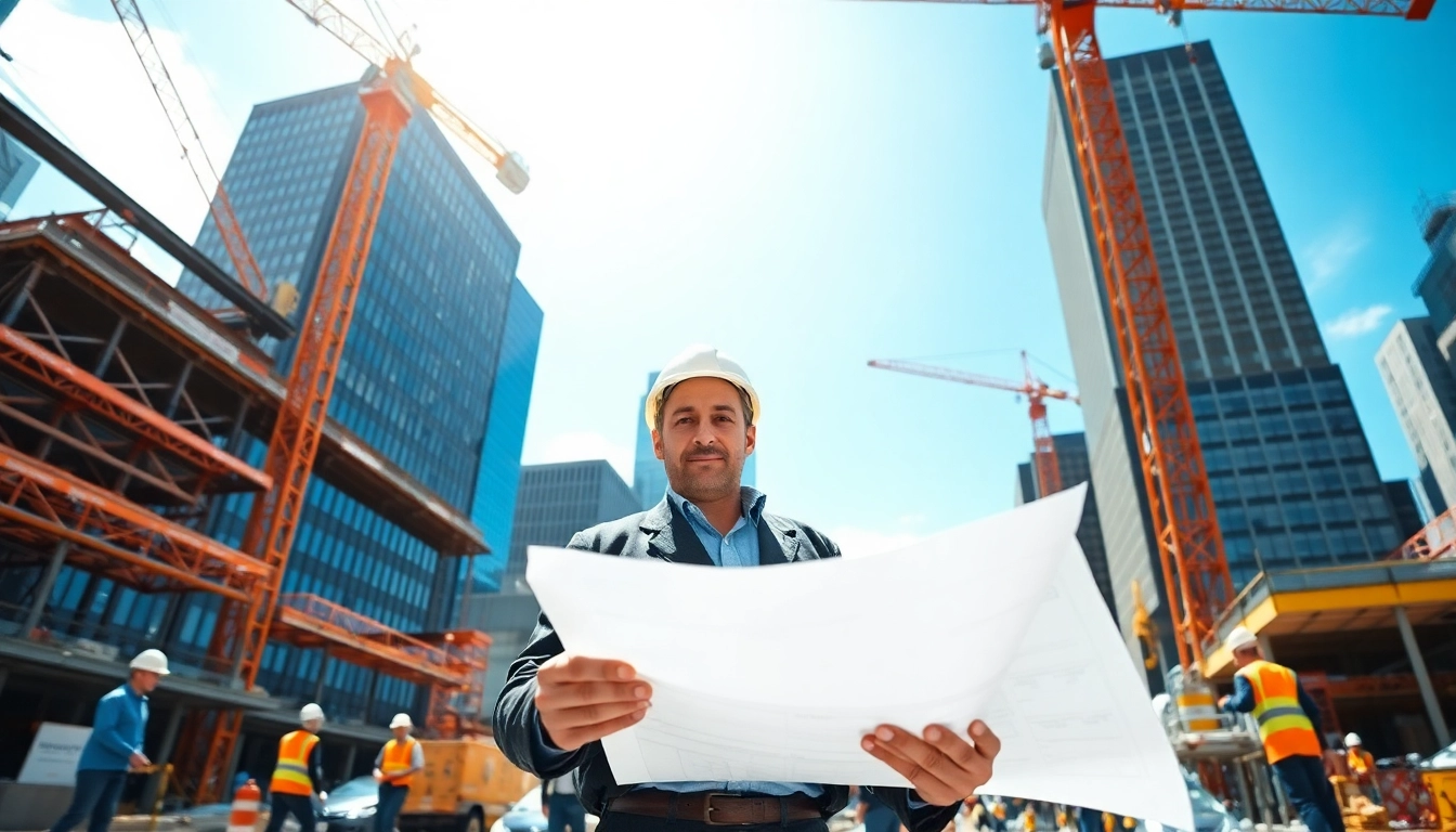 Manhattan Commercial General Contractor evaluating a lively construction project with urban Manhattan skyline.