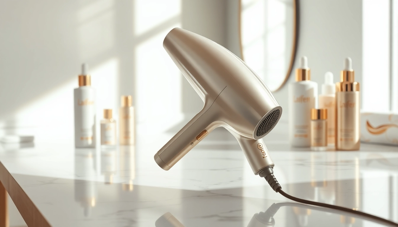 Showcase Laifen hair dryer with luxury hair care products in an elegant setting.