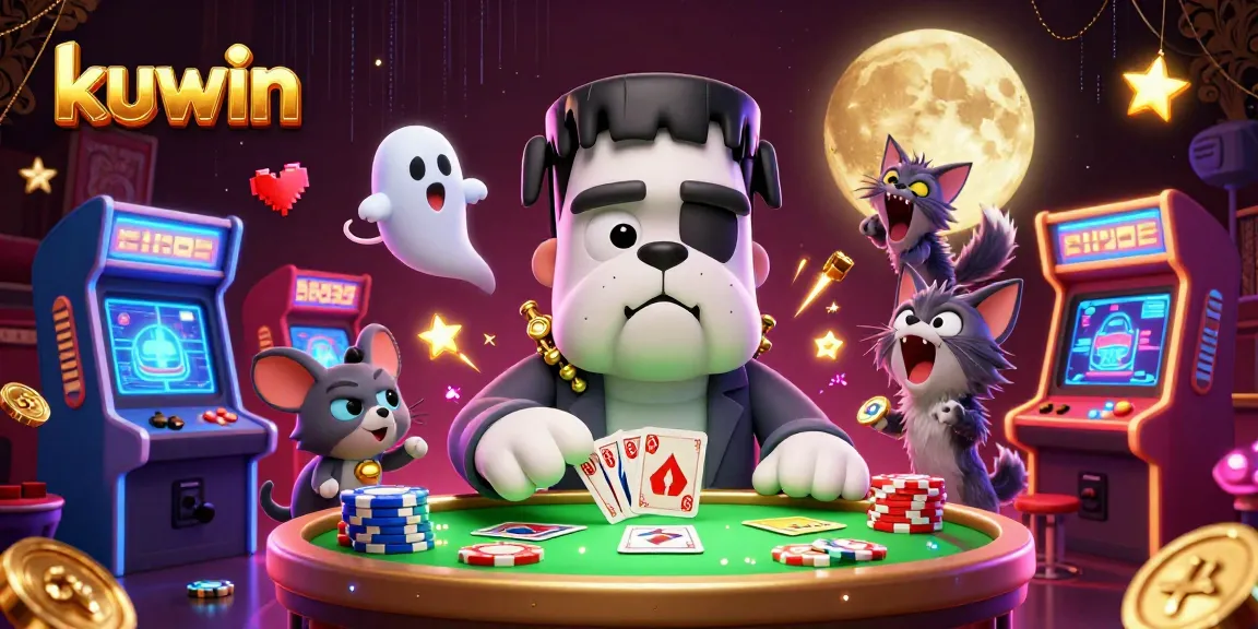 Kuwin offers unique casino experiences with a vibrant cartoon theme amidst gold and neon elements.