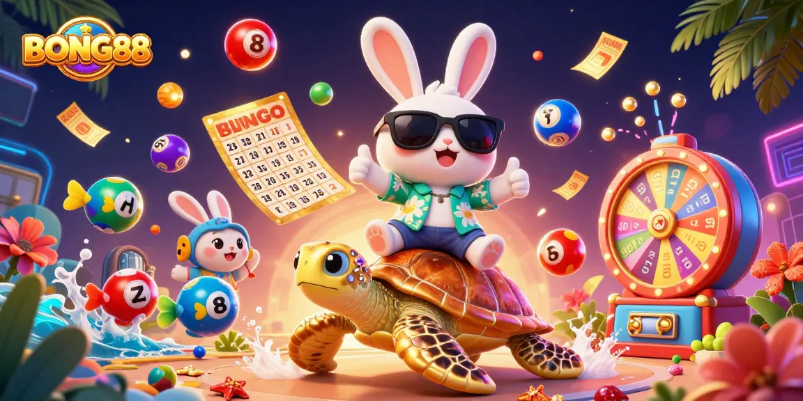 BONG88 showcases a lively scene with a lucky rabbit and golden turtle, highlighting vibrant lottery and bingo elements