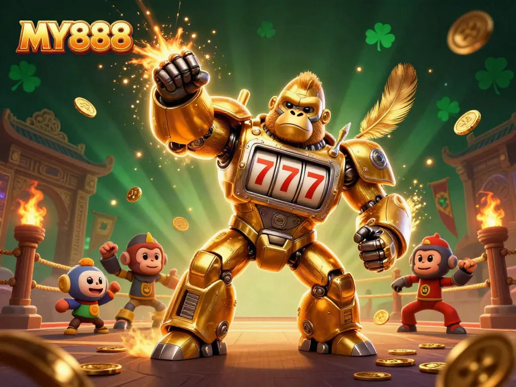 Experience thrilling gambling action with MY888's dynamic 3D illustration showcasing a golden gorilla mech in a vibrant casino setting.