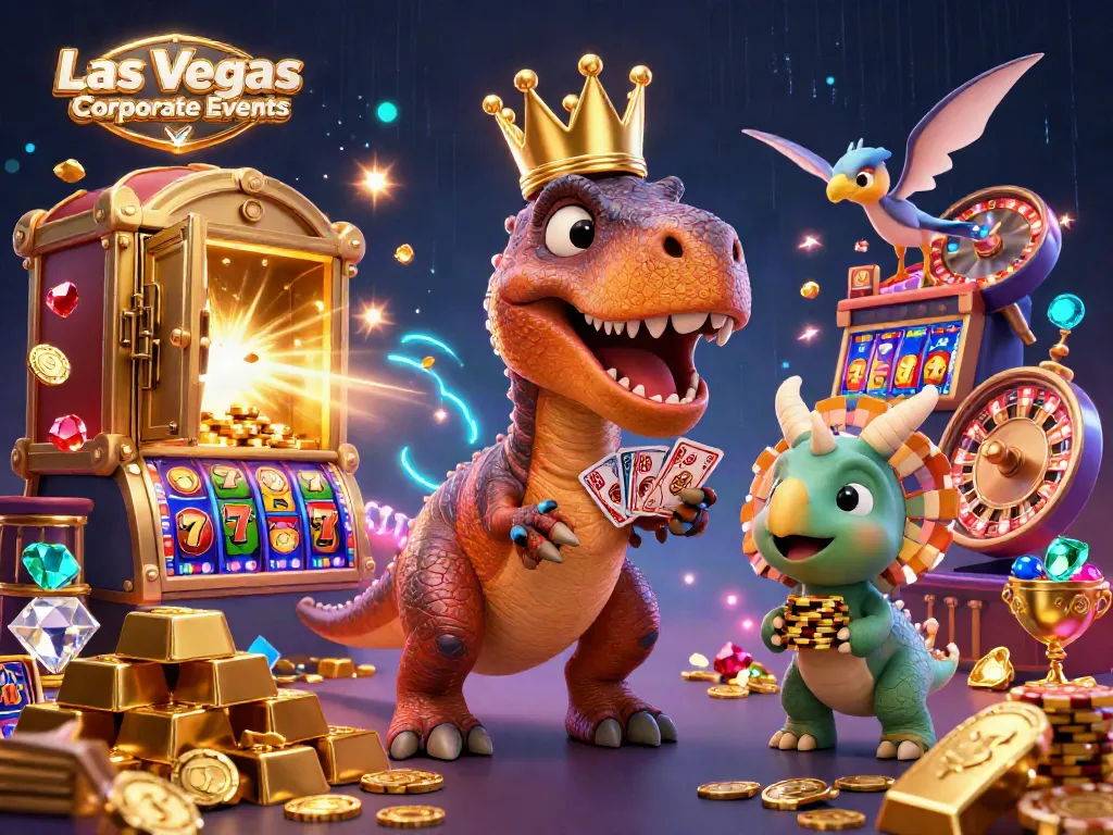 Engage with Las Vegas Corporate Events amidst thrilling casino action featuring a T-Rex shuffling cards.