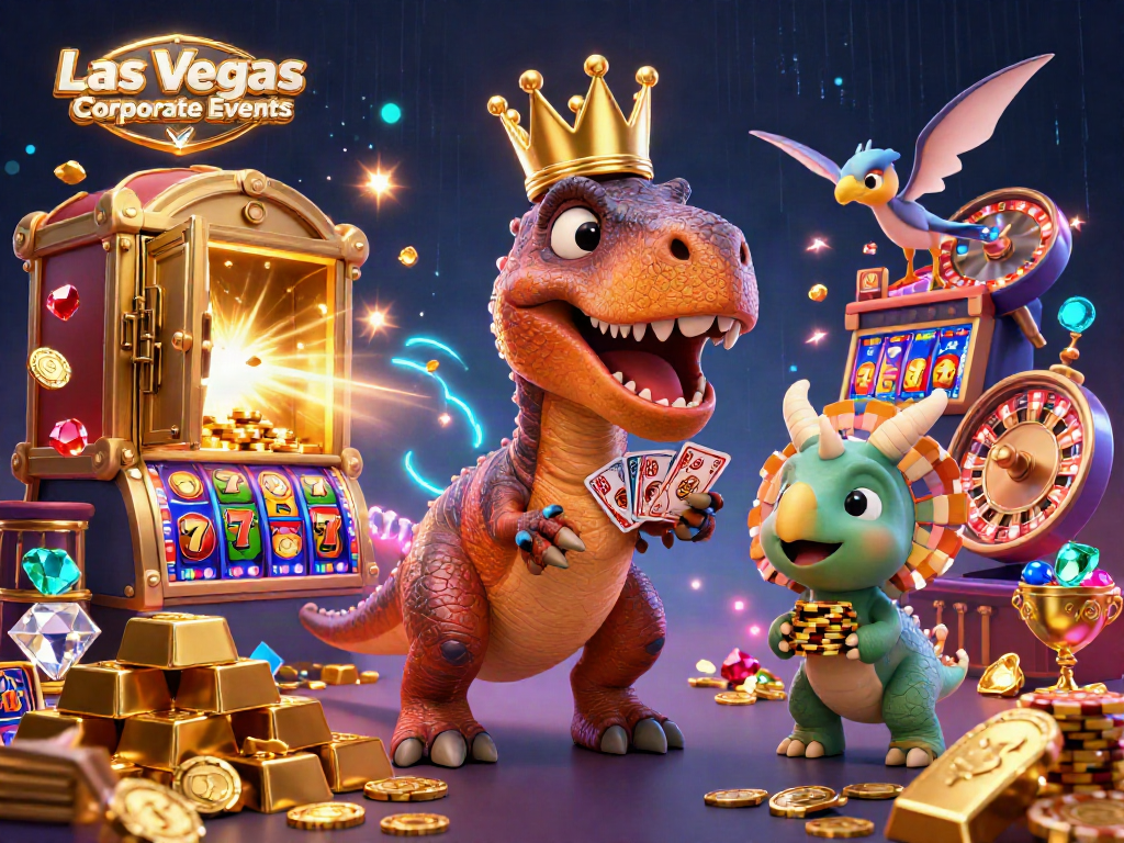 Engage with Las Vegas Corporate Events amidst thrilling casino action featuring a T-Rex shuffling cards.