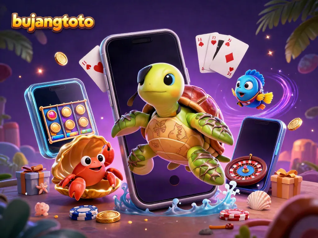 Engage in vibrant gaming with bujangtoto featuring a pirate turtle and treasure.