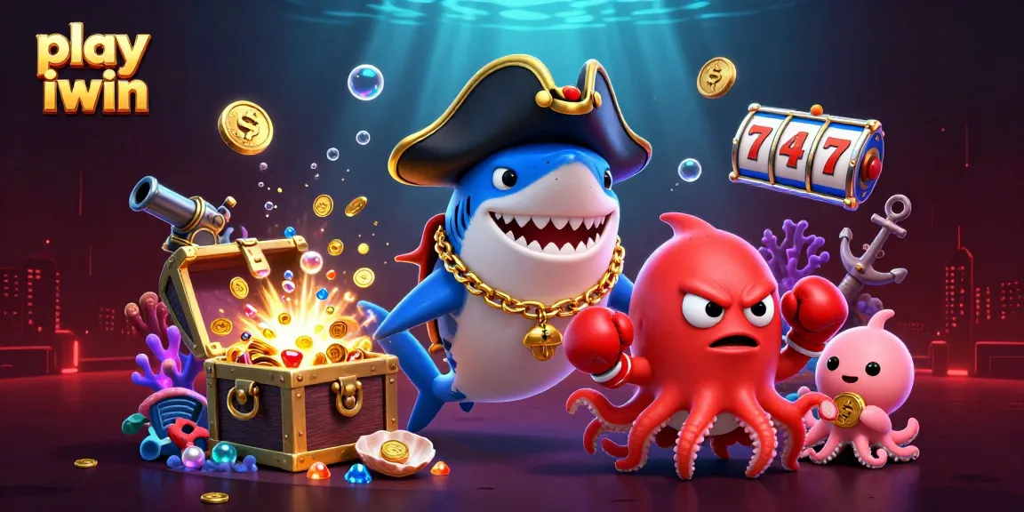 Experience the excitement of play iwin with a colorful underwater casino scene featuring a shark, pufferfish, and octopus.