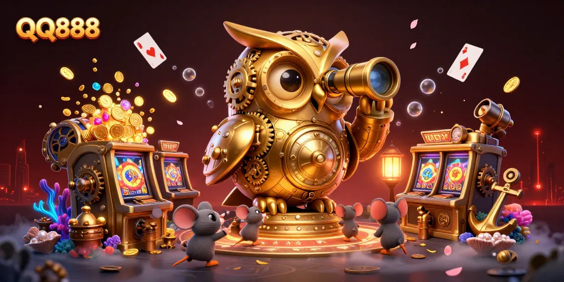 Experience the exciting QQ888 gaming environment with owl characters and slot machines amidst gold coins.