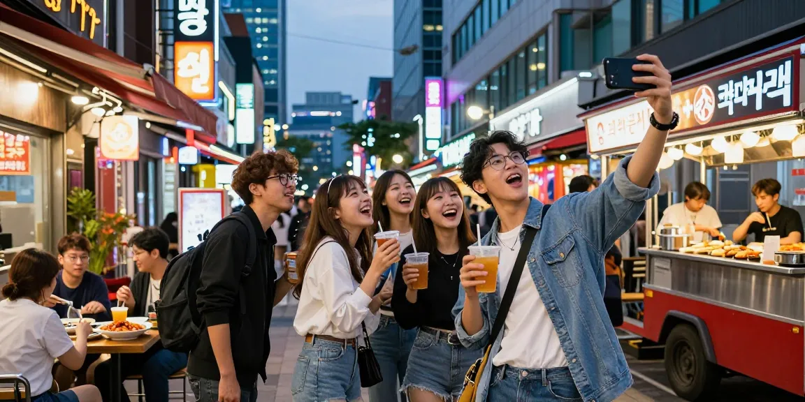 강남 세이렌의 활기찬 야경 속에서 친구들과 함께 즐거운 시간을 보내는 모습