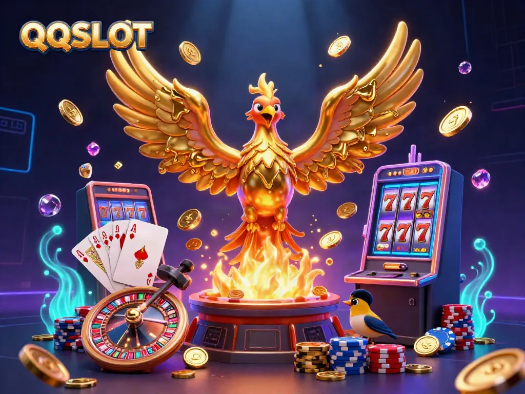 Experience the thrill of QQSLOT with vibrant casino elements and a golden phoenix in action.