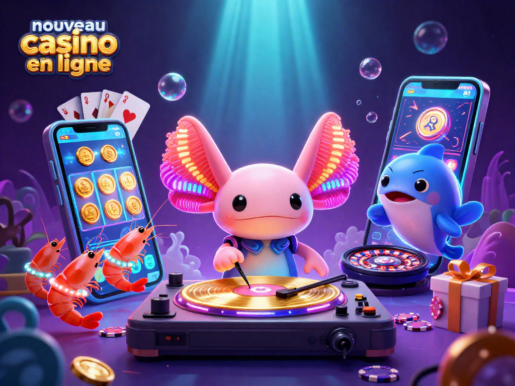 Profitez de l'atmosphère d'un nouveau casino en ligne avec un axolotl DJ et des éléments de jeux vibrants.