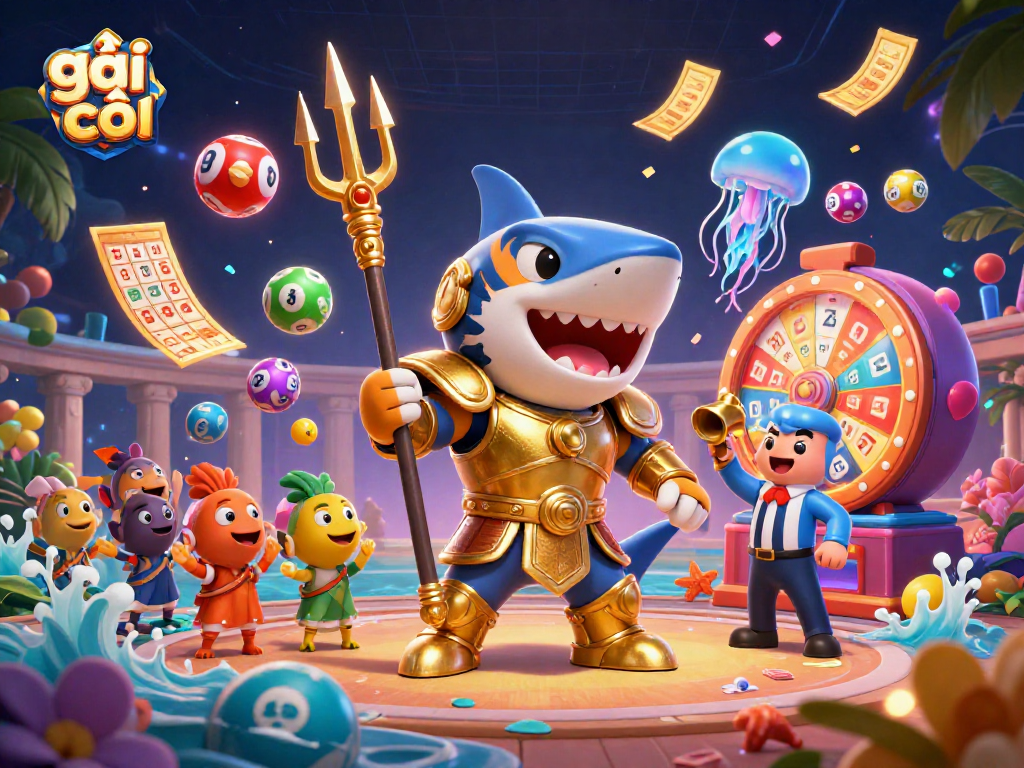 Gái gọi trong bối cảnh casino, những quả bóng xổ số đầy màu sắc và hiệu ứng tiền đang rơi.