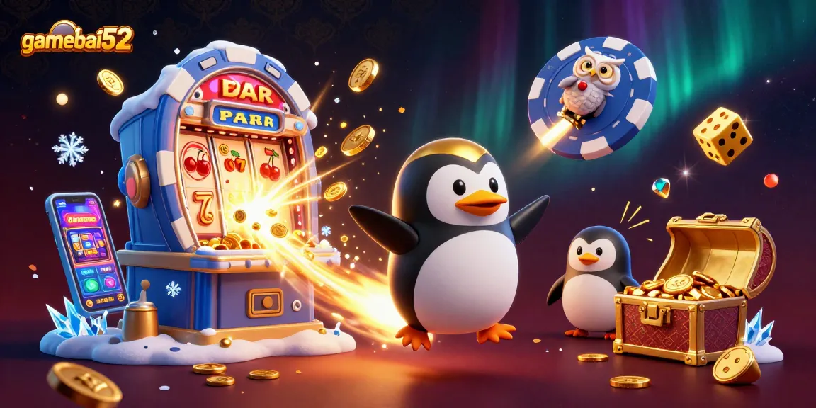 Engage in thrilling gameplay with gamebai52 featuring a dynamic casino scene of a rocket-powered penguin.