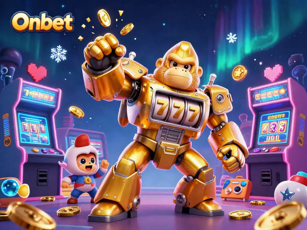 Win big with Onbet's 3D illustration of a transformer-style golden gorilla mech amidst vibrant casino elements.
