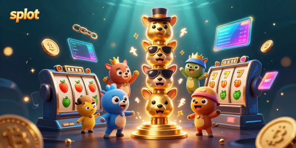 Memputar slot dengan simbol jackpot dan koin cryptocurrency yang bersinar di sekitar totem emas yang animasi.