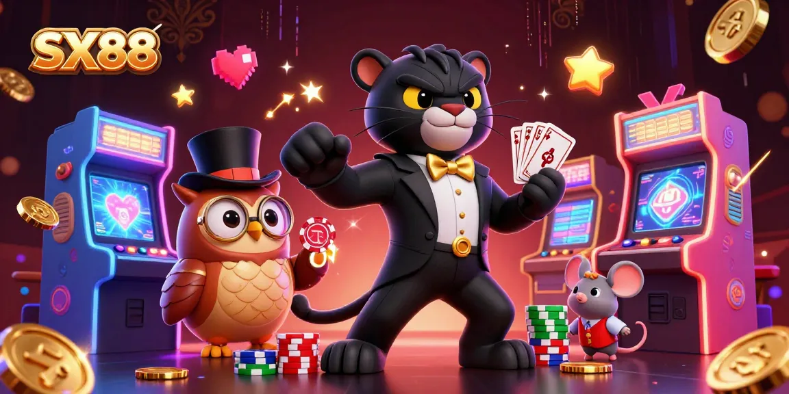 SX88 showcases a stylish cartoon panther dealing cards in a vibrant casino scene filled with colorful game machines.