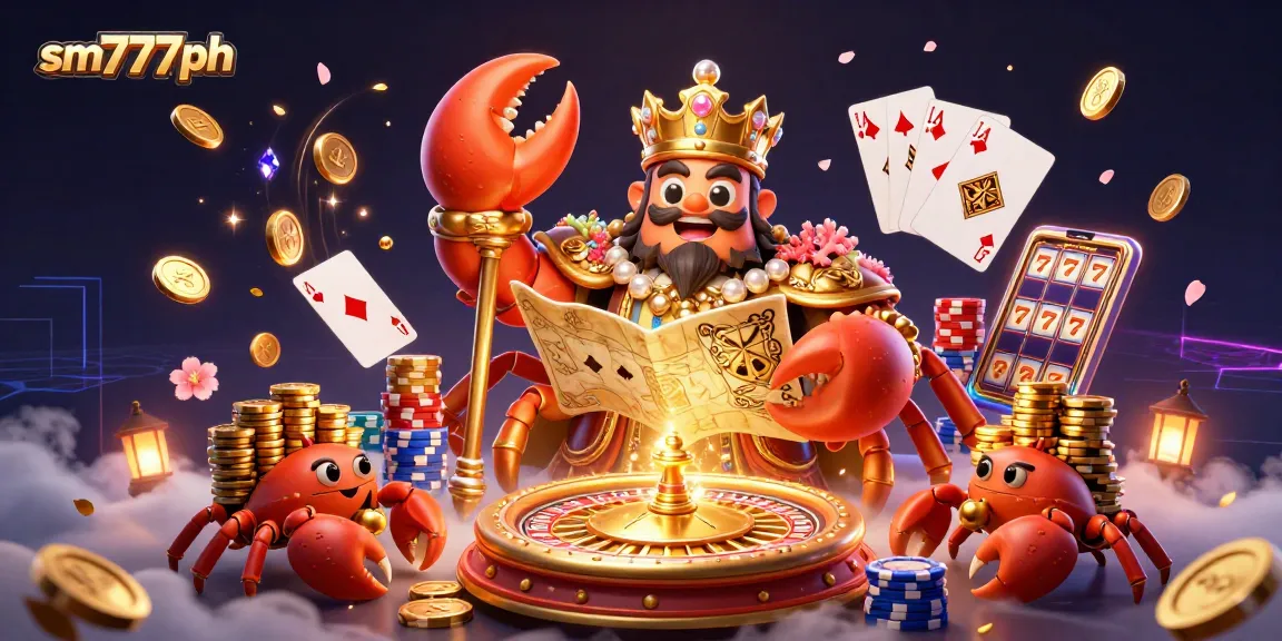Engaging 3D illustration for sm777ph featuring a golden crab emperor in a vibrant casino scene.