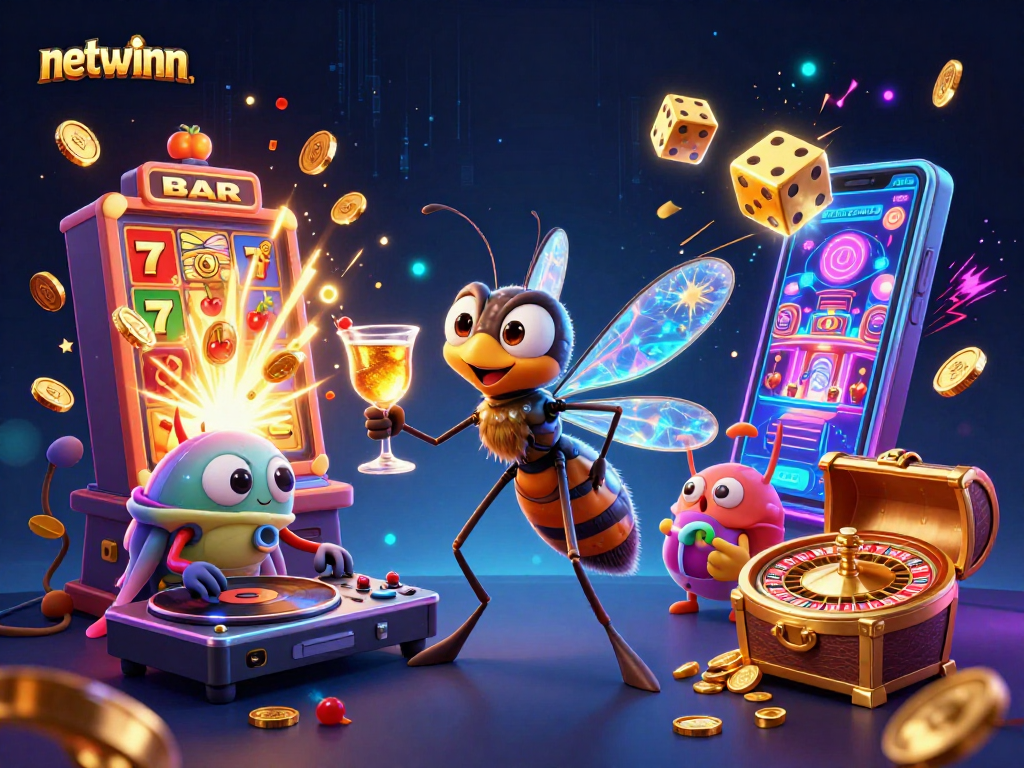 Join the netwinn fun with a vibrant scene featuring a frozen mosquito mascot, trilobite DJ, and golden roulette wheel.