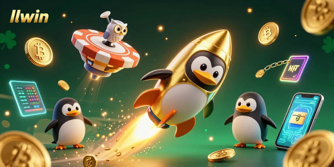 Experience exhilarating gaming with llwin as a golden penguin races toward a casino space station amidst vibrant crypto elements.