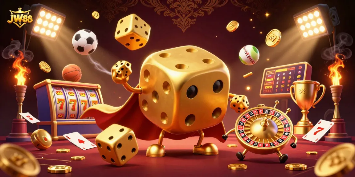 JW88 players engage with a dynamic golden dice golem and casino elements, experiencing exciting gaming action.