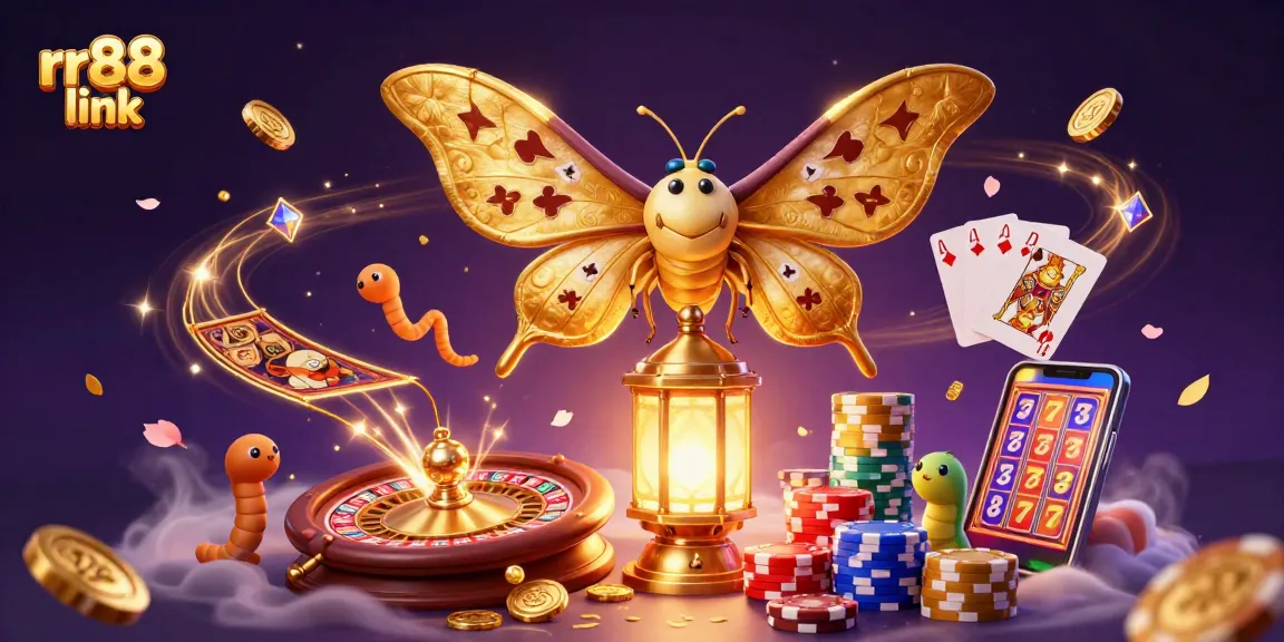Experience the excitement of rr88 link with vibrant casino-themed 3D illustration showcasing games and gold.