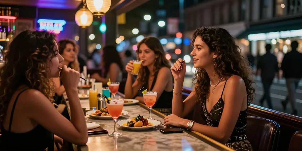 Khung cảnh sôi động tại quán bar với gái gọi trong trang phục sang trọng và bạn bè.