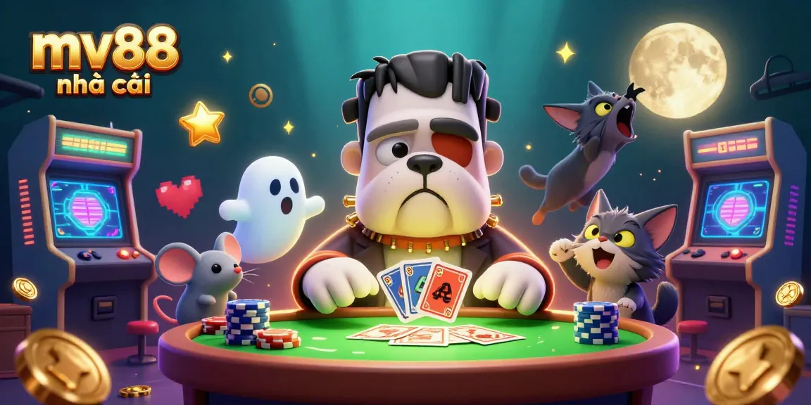 Engage with mv88 nhà cái at an exciting card table led by a spirited Frankenstein bulldog.