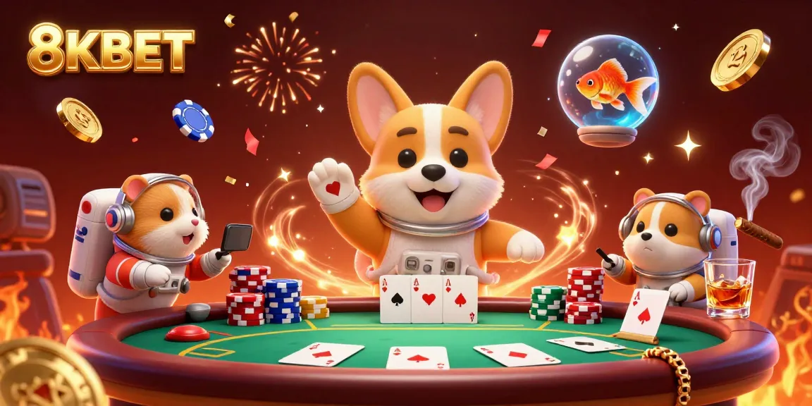 Experience the excitement of 8KBET with a vibrant, floating casino scene featuring an astronaut corgi and poker chips.